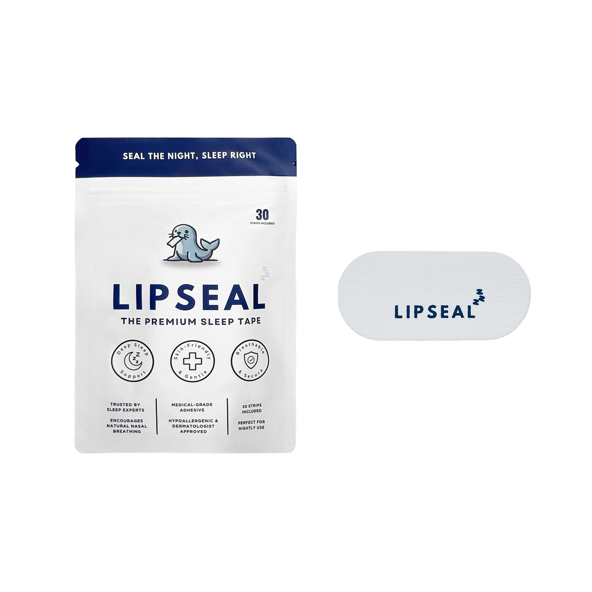 LIPSEAL sleep tape packaging with a sample strip on a white background