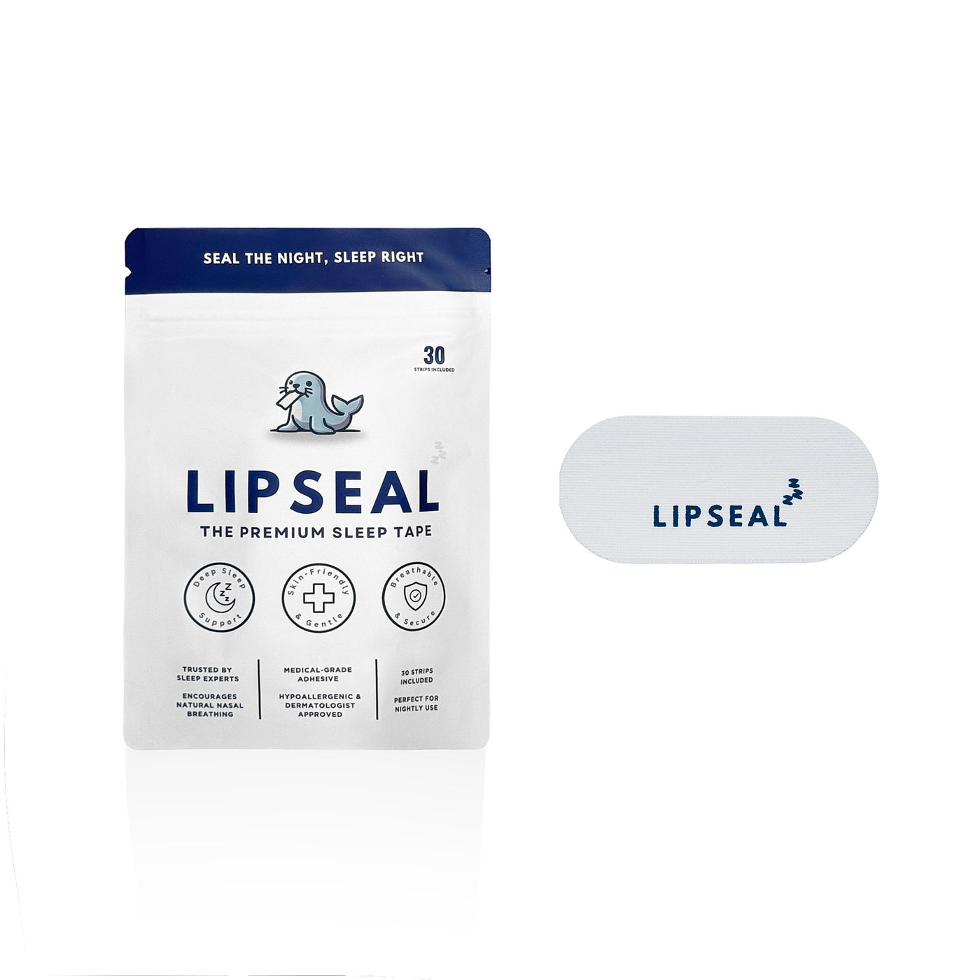 LIPSEAL sleep tape packaging with a sample strip on a white background
