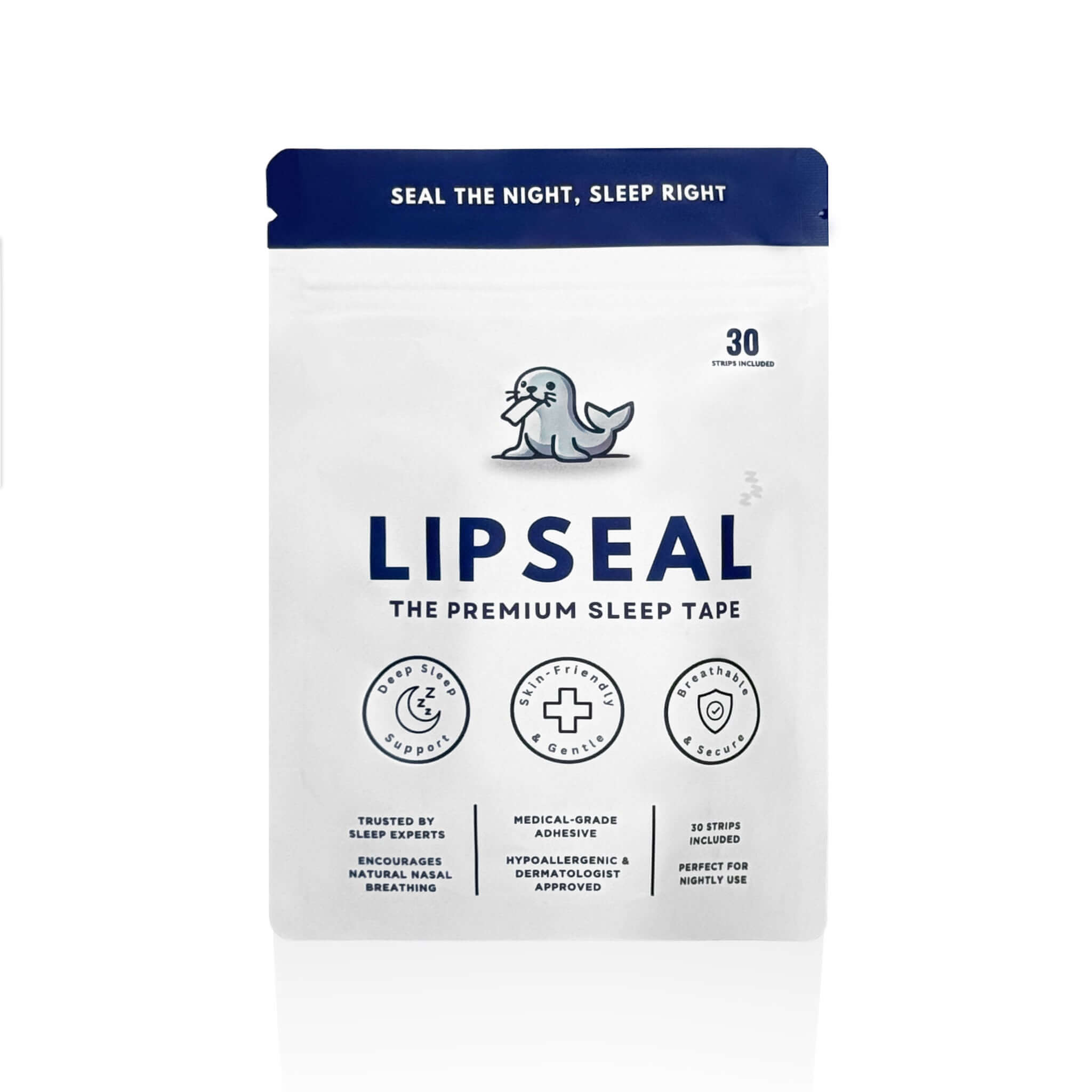 Front view of LIPSEAL sleep tape pouch showing logo and product design