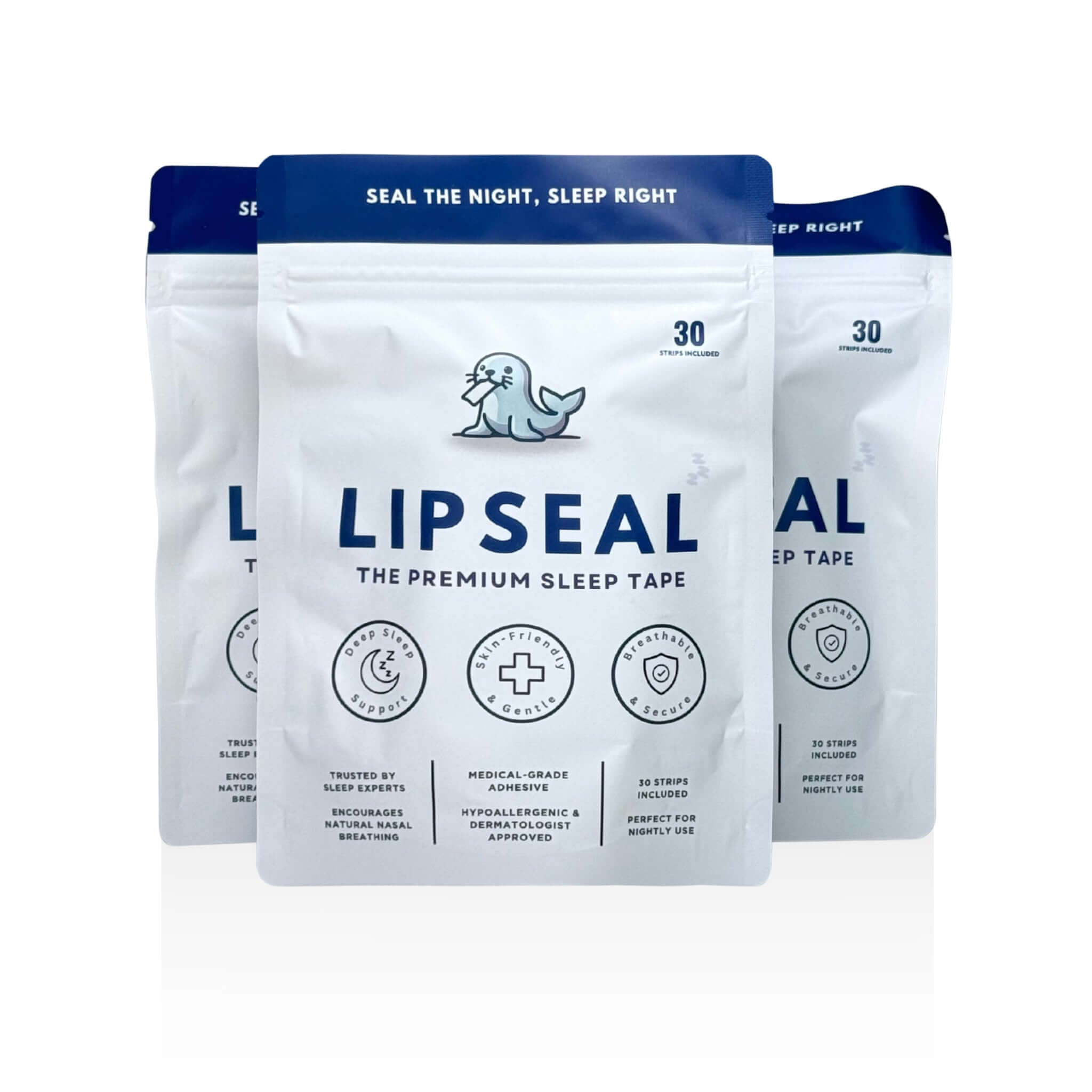 Front view of three LIPSEAL sleep tape pouches showing logo and product design